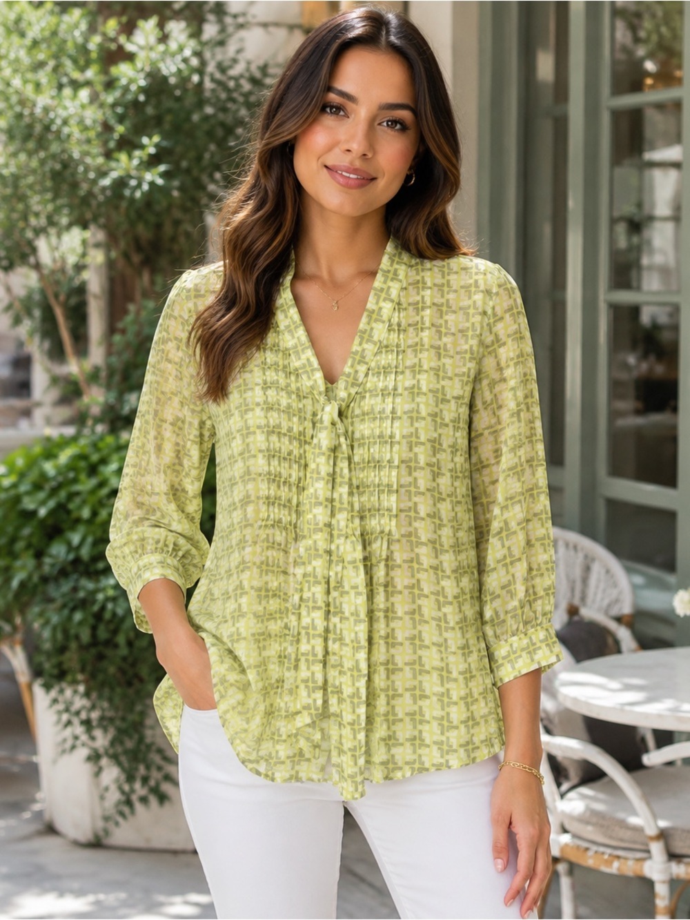Banana Republic lightweight tie-neck blouse featuring a modern geometric print i